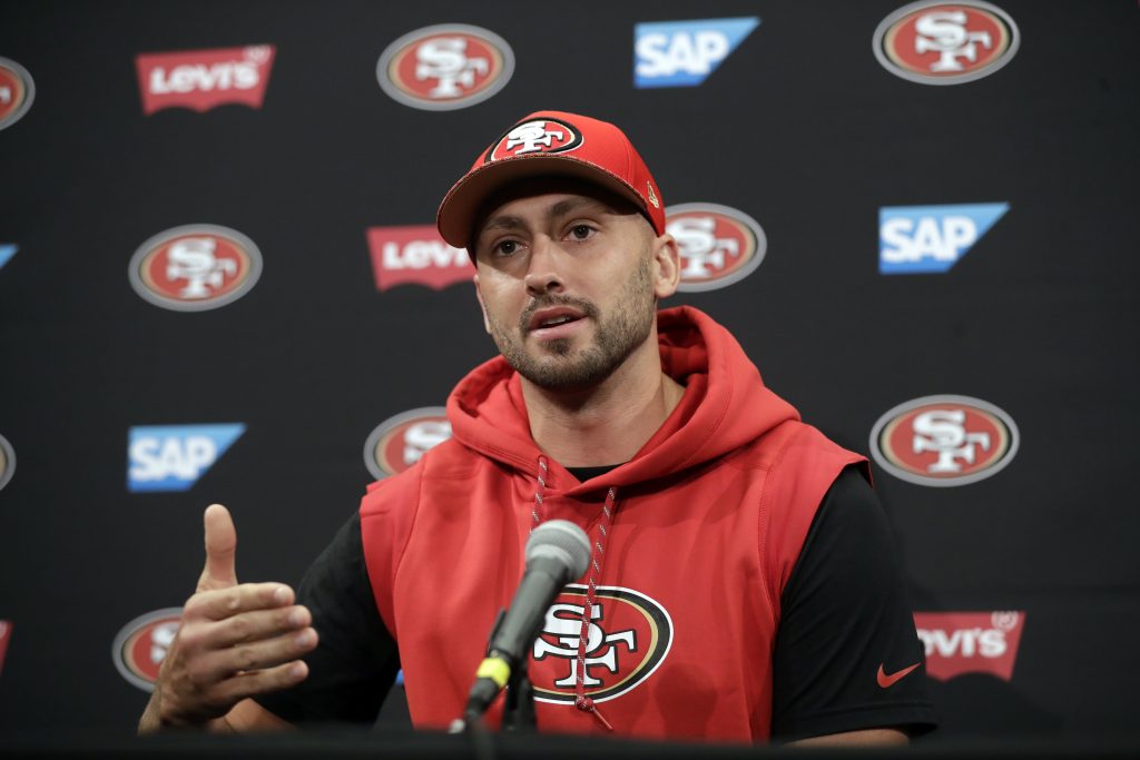 Quarterback Brian Hoyer answers questions during 49ers training camp