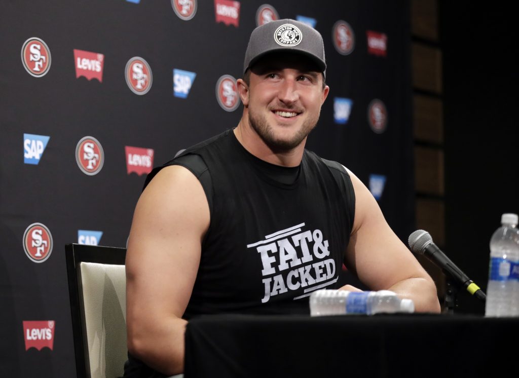 Offensive tackle Joe Staley answers questions during 49ers training camp