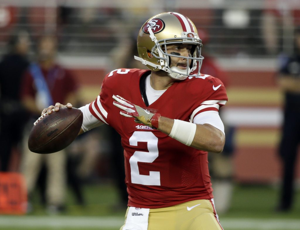 Quarterback Brian Hoyer throws a pass during the 49ers preseason game against the Broncos