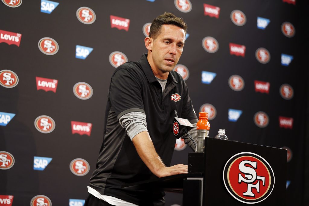 49ers head coach Kyle Shanahan answers a question during a press conference