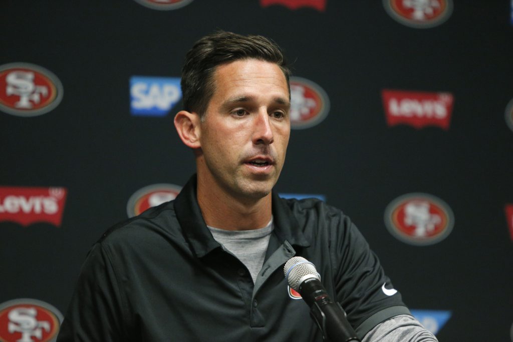 Head coach Kyle Shanahan answers a question after the 49ers preseason game against the Vikings