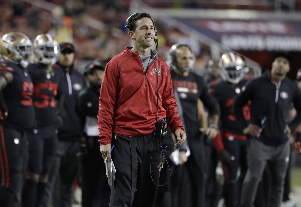 49ers head coach Kyle Shanahan stands on the sideline during the 49ers Thursday night game against the Rams